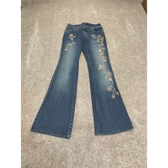 Angels womens flare jeans sz 7 mid rise blue jeans Y2K decor sequins embroidery - Picture 3 of 12